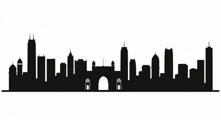 Fototapeta premium Silhouette of a cityscape featuring various buildings and structures against a white background design view created with generative ai