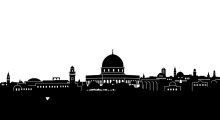 Naklejka premium Silhouette of jerusalem skyline featuring the dome of the rock and various buildings against white background created with generative ai