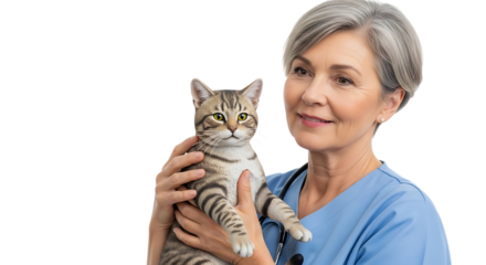 A veterinarian holding a tabby cat isolated on transparent background