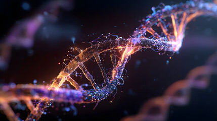 Glowing digital DNA helix with particle effects on a dark background.