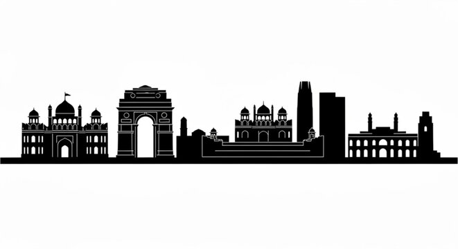 Silhouette of delhi skyline featuring india gate jama masjid and modern buildings in a black and white design created with generative ai