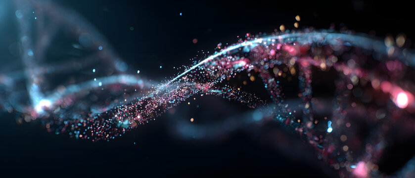 Glowing particles swirl in a DNA helix shape against a dark background. - Powered by Adobe