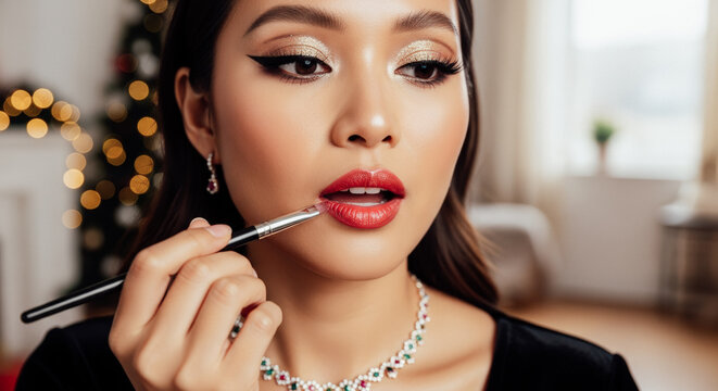 Asian woman applying red lipstick, glamorous makeup, Christmas lights background, conveying beauty and holiday spirit. - Powered by Adobe