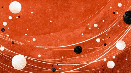 Painting of a red background with white and black dots. The dots are scattered all over the background