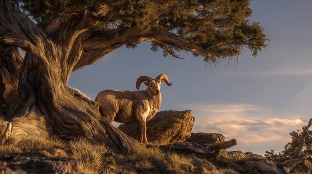 The ram caught in the thicket on Mount Moriah at sunrise.