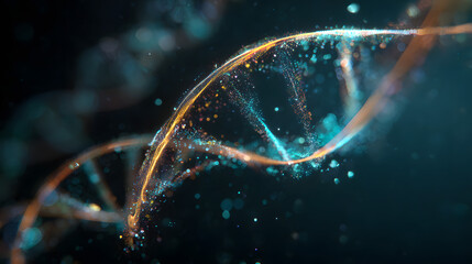 Illuminated DNA helix of glowing particles on a dark background.
