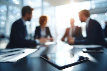 Business Meeting Between Professionals in Modern Office Setting Engaging in Discussion and Collaboration Over Digital Tablet