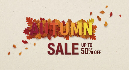Autumn sale advertisement with colorful leaves and graphic text, representing seasonal offers and promotional discounts, suitable for marketing campaigns