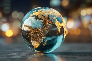Blue and Gold Globe on Geometric Background with Blurred City Lights, Symbolizing Global Connectivity and Modern Technology in Business