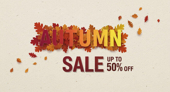 Autumn sale advertisement with colorful leaves and graphic text, representing seasonal offers and promotional discounts, suitable for marketing campaigns