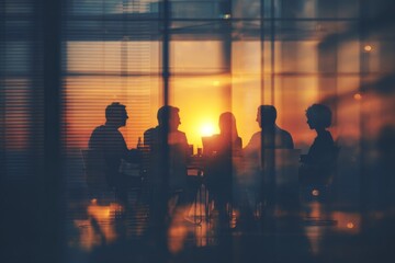 Business Meeting in Modern Office with Silhouettes of Diverse Professionals Engaged in Discussion and Collaboration During Sunset Light