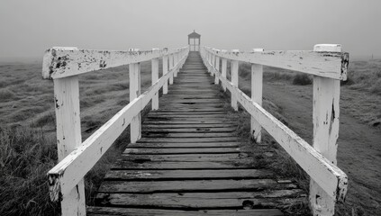 Fototapeta premium Wooden bridge with a bench on the side. The bridge is long and narrow, and the bench is empty. The scene is quiet