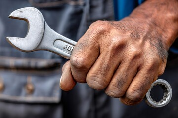 Mechanic hand holding wrench for industrial maintenance