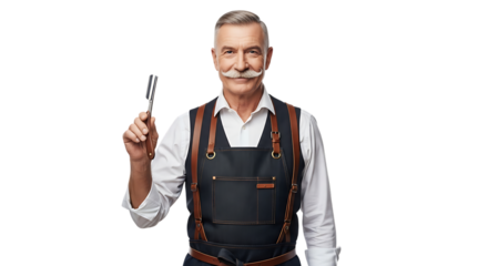 Confident barber with a mustache holding a straight razor isolated on transparent background