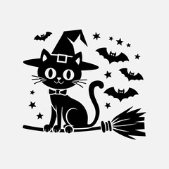 Witch Cat Broom and Bat Silhouette – Halloween SVG File
