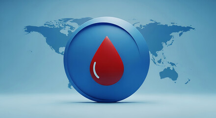 Red blood drop on blue circle against world map image