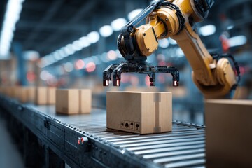 Automated Robotic Arm Handling Boxes on a Conveyor Belt in a Modern Warehouse Setting