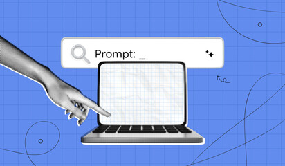 Trendy Halftone Collage Artificial intelligence and digital technology. Hand types in search bar using AI ​​Prompt. AI powered search engine. Generate content. Contemporary vector illustration art