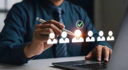 Recruitment and hiring process, selecting the best candidate with a checkmark, human resources and employment concept