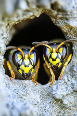 Close-up view of two yellow and black wasps emerging from a natural stone nest entrance