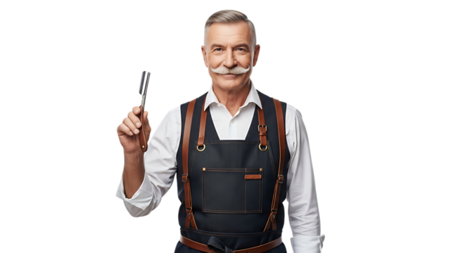 Confident barber with a mustache holding a straight razor isolated on transparent background