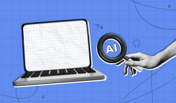 Trendy Halftone Collage Artificial intelligence and digital technology. Hand holding magnifying glass on laptop screen. AI powered search engine. Contemporary vector illustration art