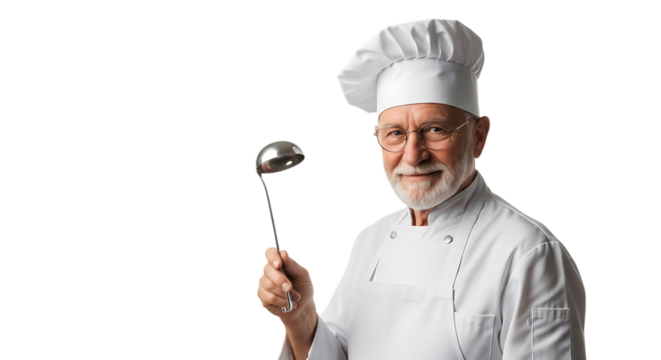 Portrait of a smiling senior chef with ladle isolated on transparent background