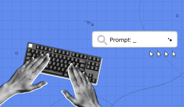 Trendy Halftone Collage Artificial intelligence and digital technology. Hands typing promt on keyboard. AI powered search engine. Generate content. Contemporary vector illustration art