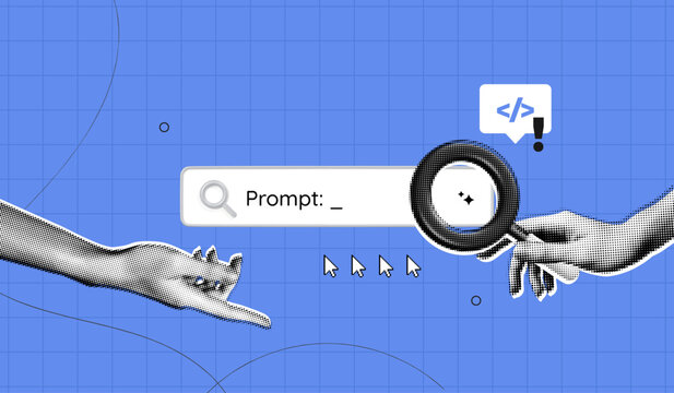 Trendy Halftone Collage Artificial intelligence and digital technology. Hand holding magnifying glass. AI powered search engine. Programming and coding. Contemporary vector illustration art