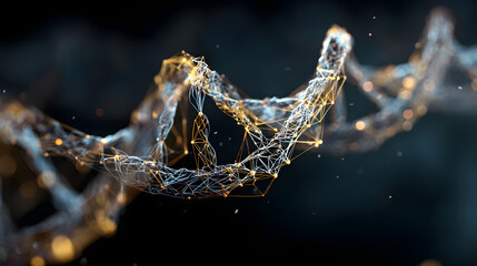 Abstract glowing molecular structure resembling DNA on a dark background.