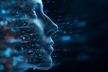 Abstract digital design featuring human profile with data visualization elements and technology-inspired graphics in vibrant blue tones