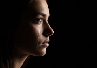 Fototapeta premium A side portrait of a person where light falls gently on one half of the face, leaving the rest in shadow