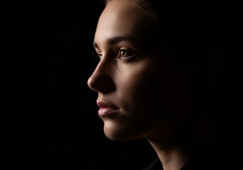 Fototapeta premium A side portrait of a person where light falls gently on one half of the face, leaving the rest in shadow