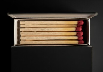 Close up view of a box of wooden matches with red tips against a dark surface