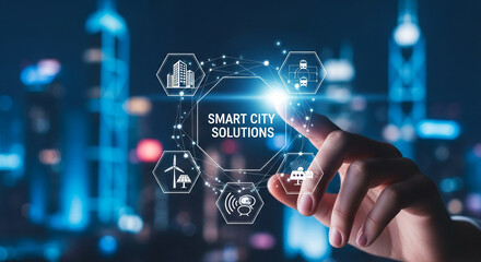 Human finger interacts with graphic interface, showing buildings, solar panel, turbine, and transportation, representing smart city solutions