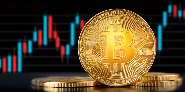 Golden bitcoin coin standing against market trend chart