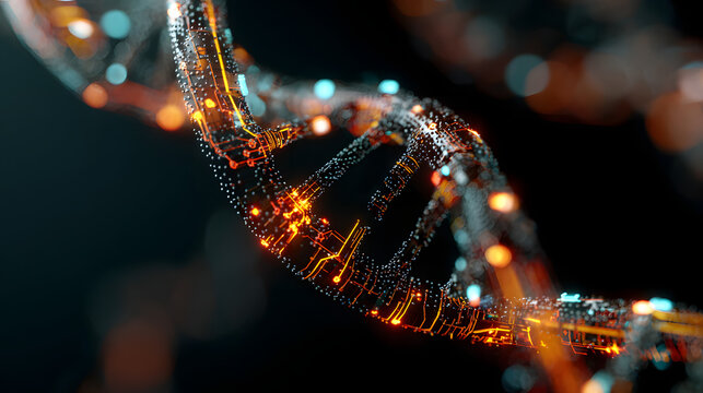 Digital DNA helix glows with futuristic data streams and light.