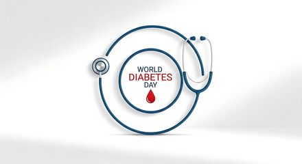 Blue stethoscope encircles World Diabetes Day text and red drop