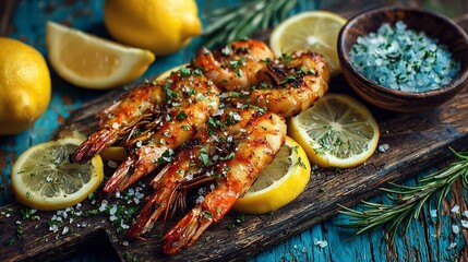 Australian grilled prawns skewers lemon wedges coastal summer vibe