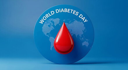 Red blood drop on blue world map circle World Diabetes Day