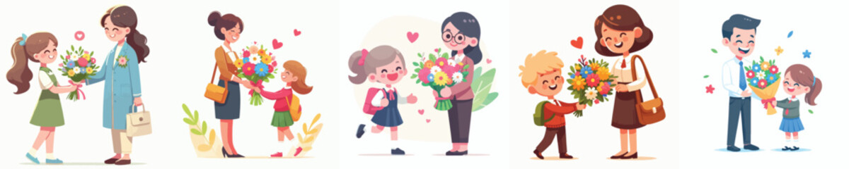 a student gives a flower gift to the teacher