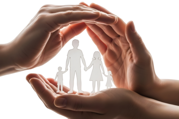Paper family in the hands isolated on transparent background, family concept