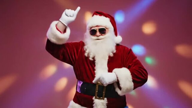 Santa with sunglasses dances against a backdrop of light. It's a festive, joyful expression, reflecting celebration, lighthearted spirit, and modern approach.