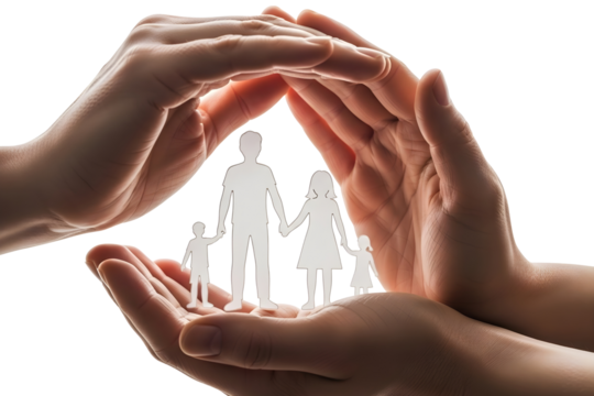 Paper family in the hands isolated on transparent background, family concept