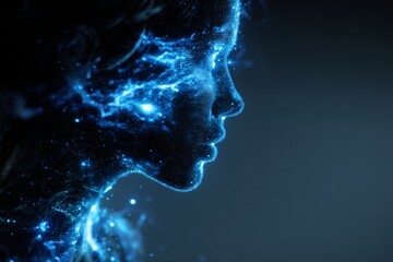Futuristic Digital Profile of a Human Silhouette with Data Visualization Elements and Blue Neon Accents