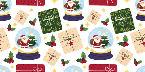 Seamless Christmas pattern with gifts and Santa Claus in snow globe. Bright and festive repeating background with Christmas gift boxes, holly berries, and traditional snow globes with Santa. 