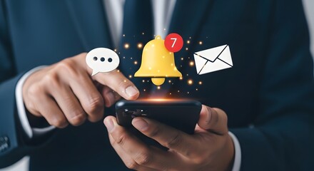 Person using a smartphone to check notifications, including messages and emails, with a glowing bell icon symbolizing alerts and reminders