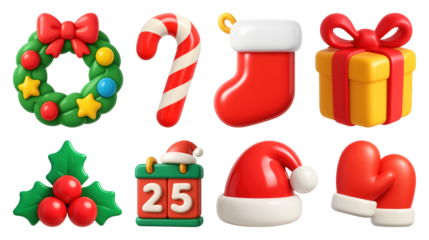 PNG Festive holiday icons in 3D, element set on transparent background