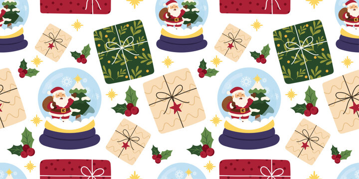 Seamless Christmas pattern with gifts and Santa Claus in snow globe. Bright and festive repeating background with Christmas gift boxes, holly berries, and traditional snow globes with Santa. 