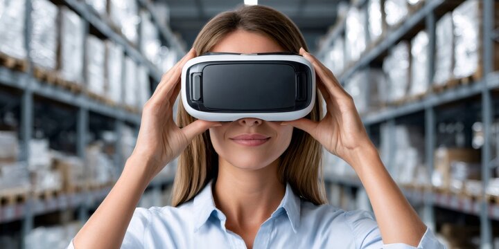 Woman wearing vr headset working in warehouse logistics
